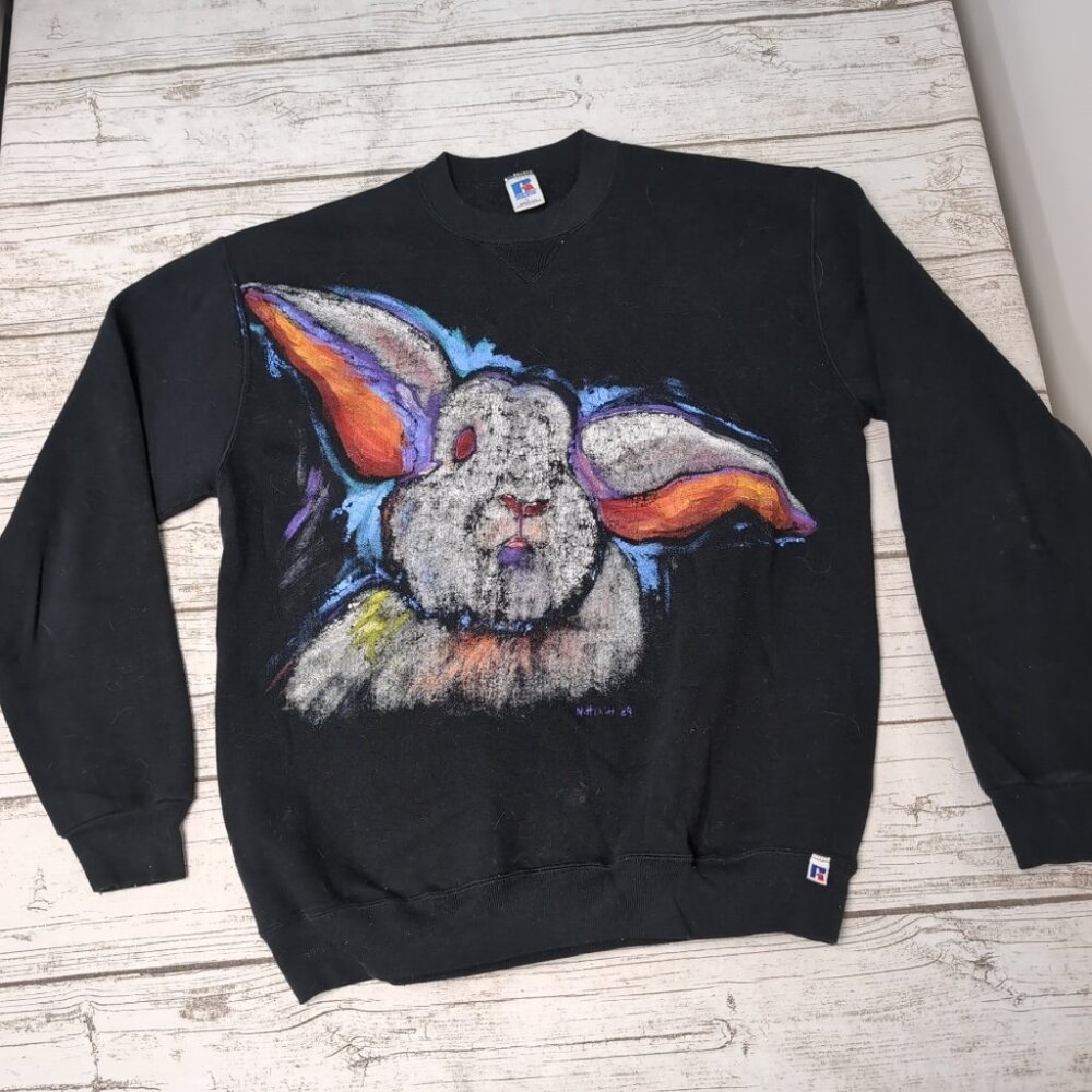Vintage Russell Athletic Made In USA Black Sweater With Rabbit Size Large